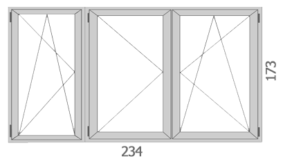 234×173 Műanyag ablak sorolt szerkezet egyszárnyú + kétszárnyú középen felnyíló