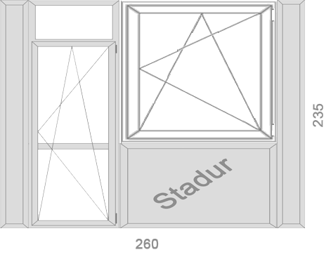 260×235 Műanyag erkélyfal ablak erkélyajtó + 150×150 egyszárnyú bukó–nyíló ablakkal